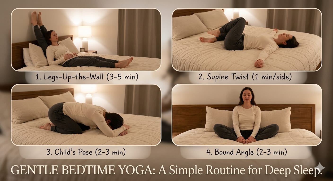 Gentle bedtime yoga stretches performed on bed or floor for better sleep