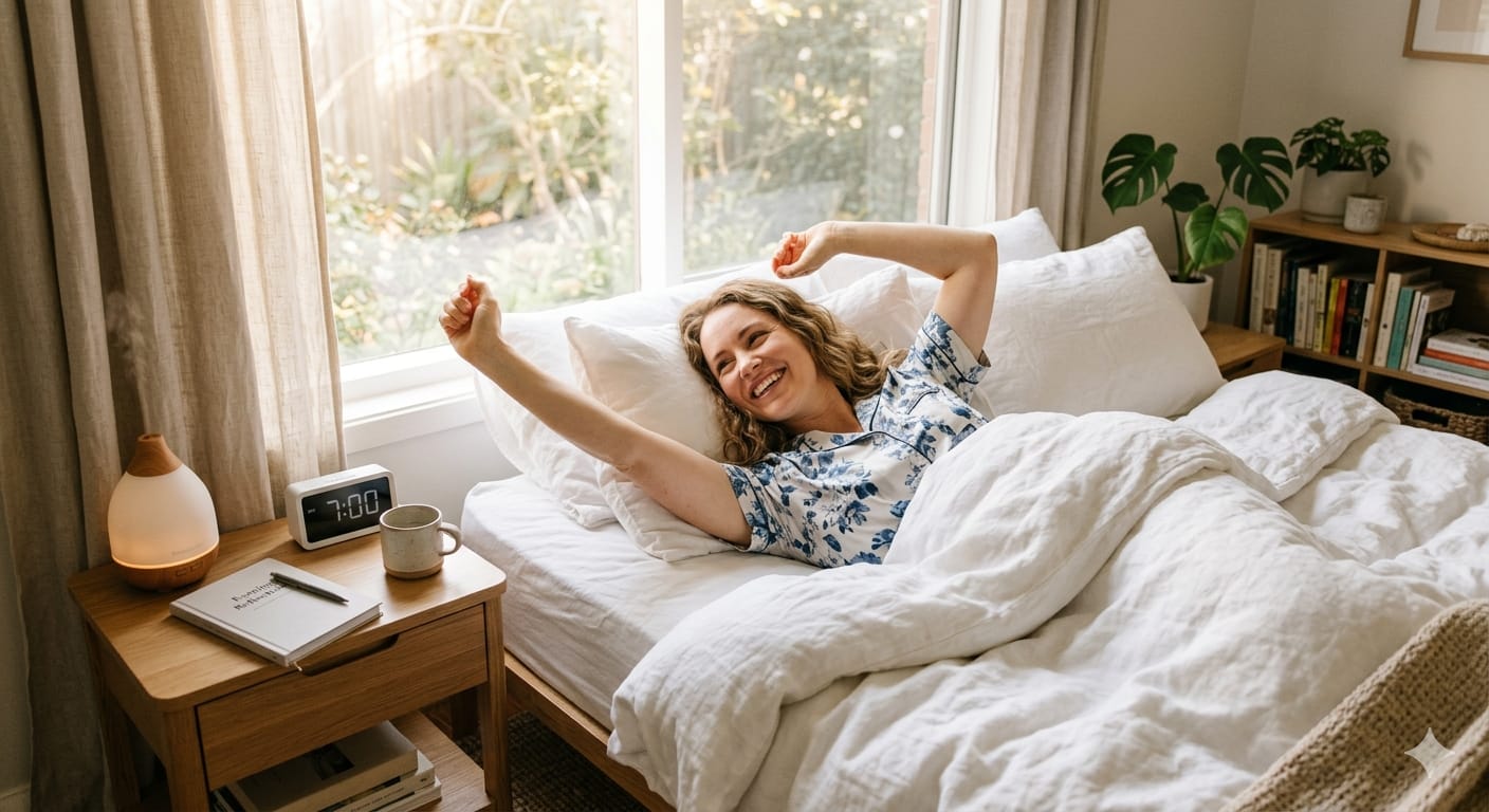 Woman waking up refreshed and happy after implementing bedtime routine for better sleep