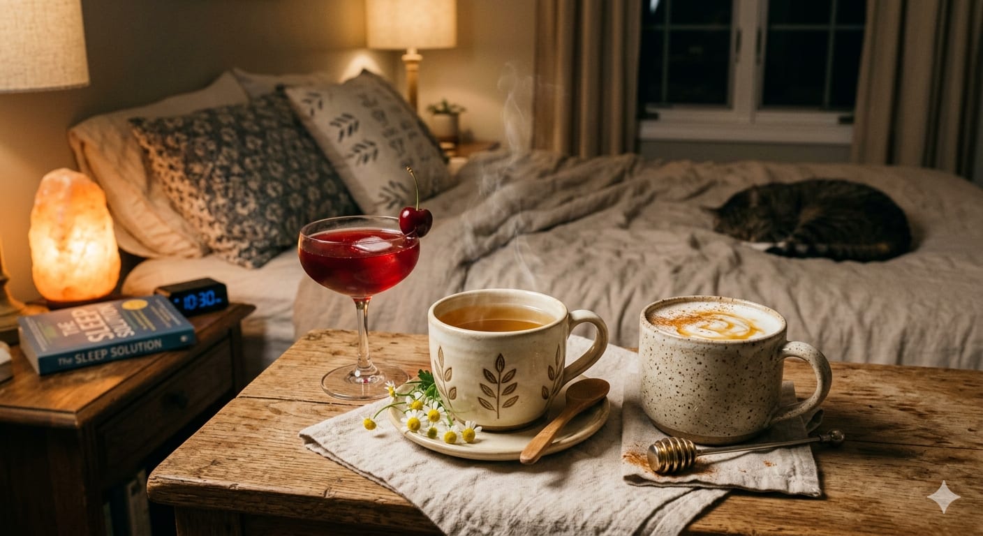 Calming bedtime drinks including chamomile tea, tart cherry juice, and warm milk with honey