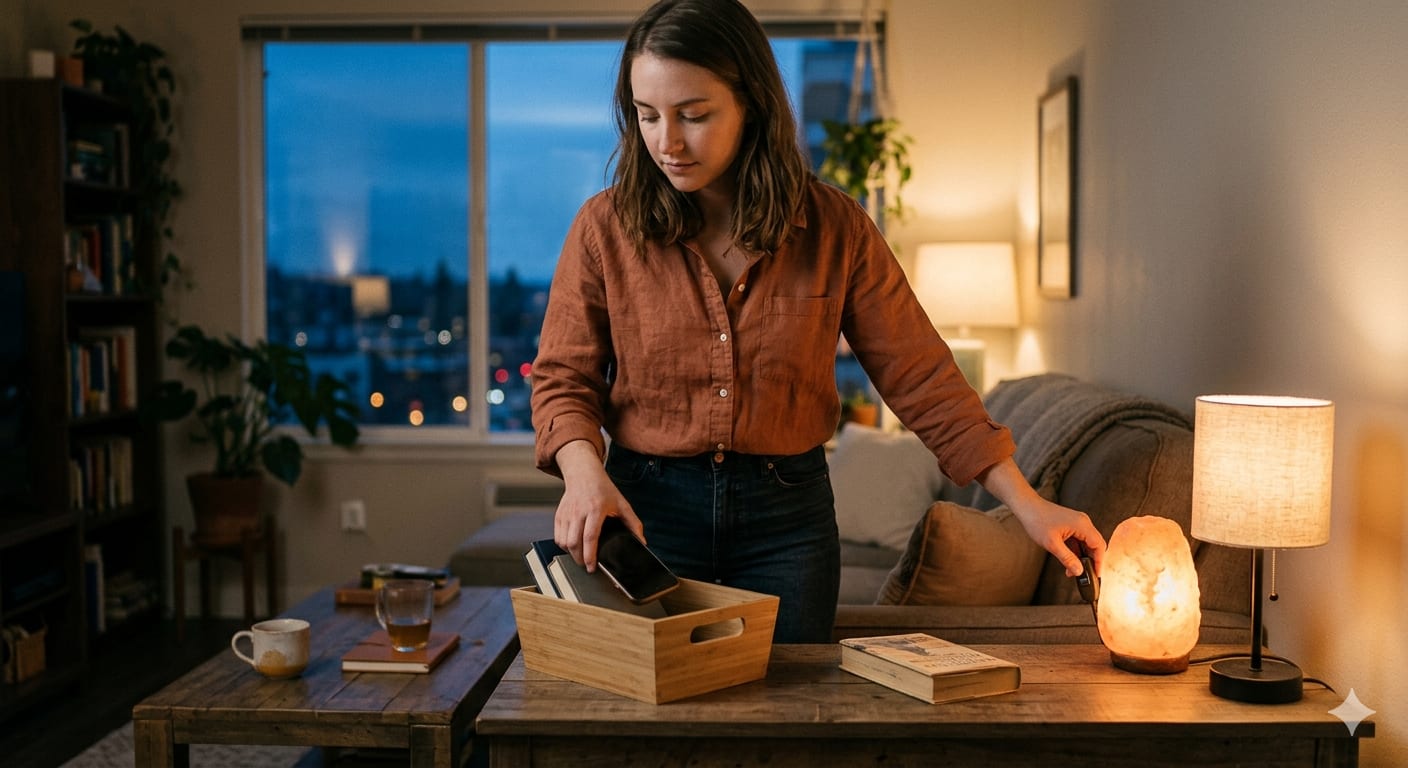 Person putting away phone and turning on dim lamps for digital sunset routine