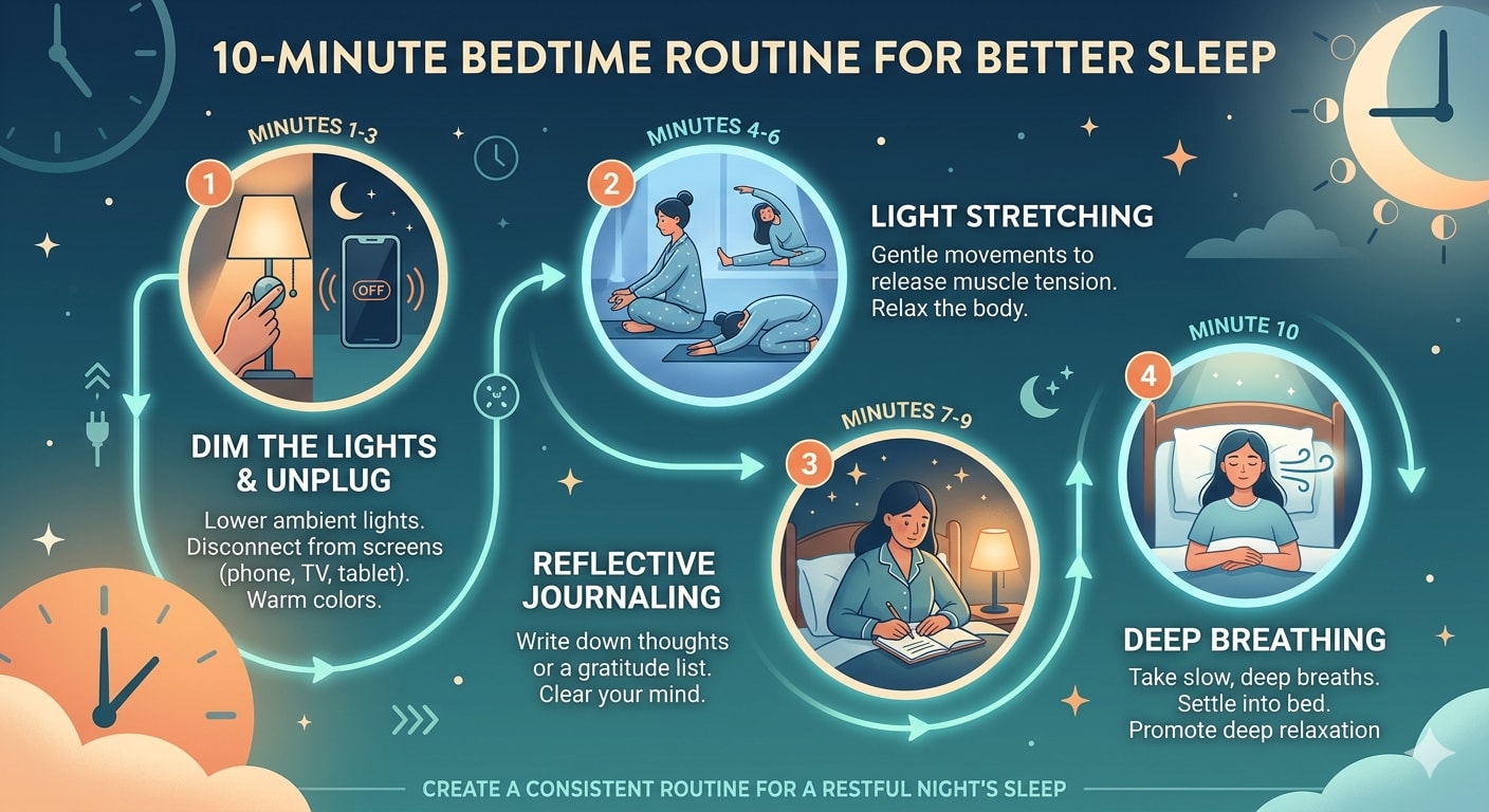 Visual timeline showing 4 steps of 10-minute bedtime routine for better sleep