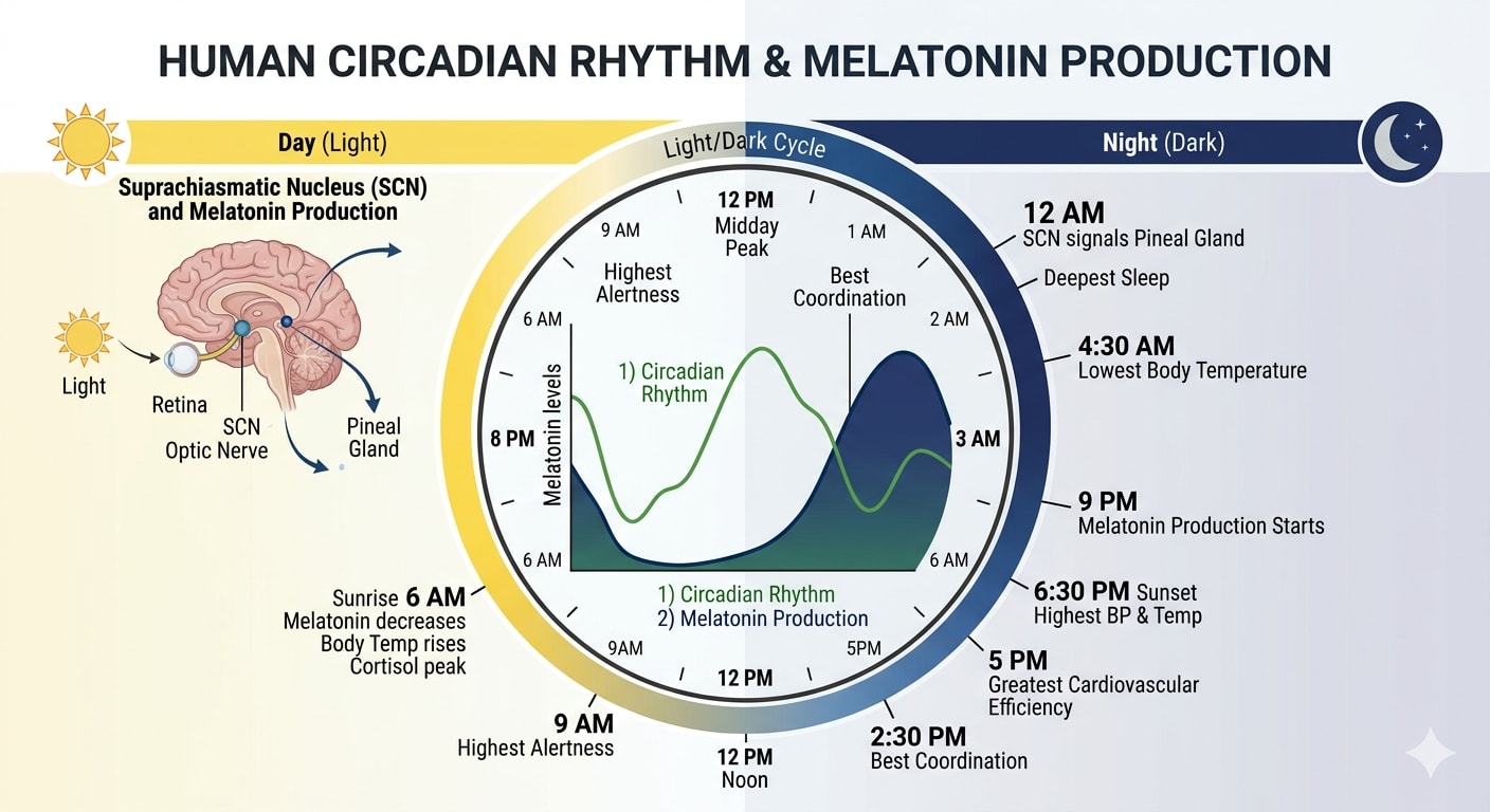 Diagram showing circadian rhythm and melatonin production throughout 24-hour cycle
