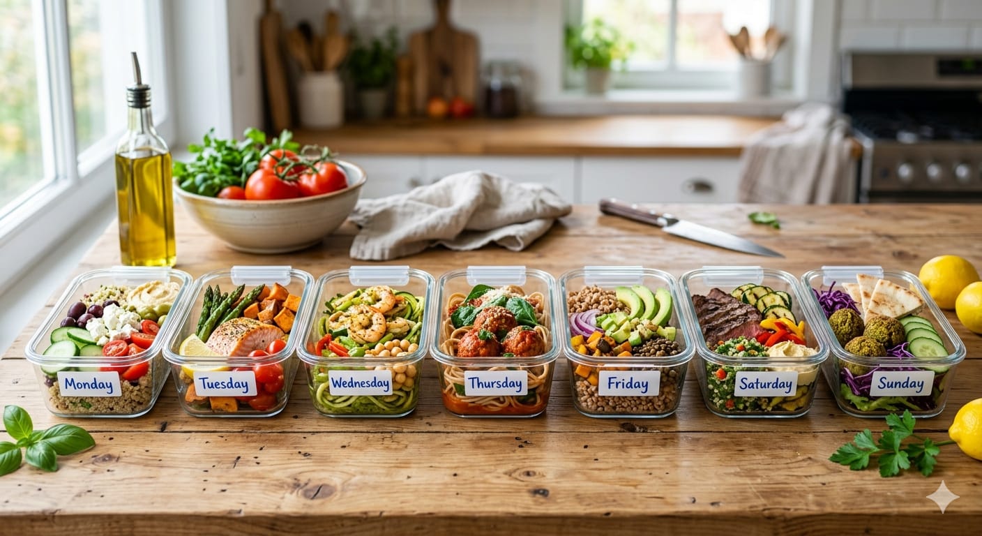 Seven days of Mediterranean meal prep containers arranged by day