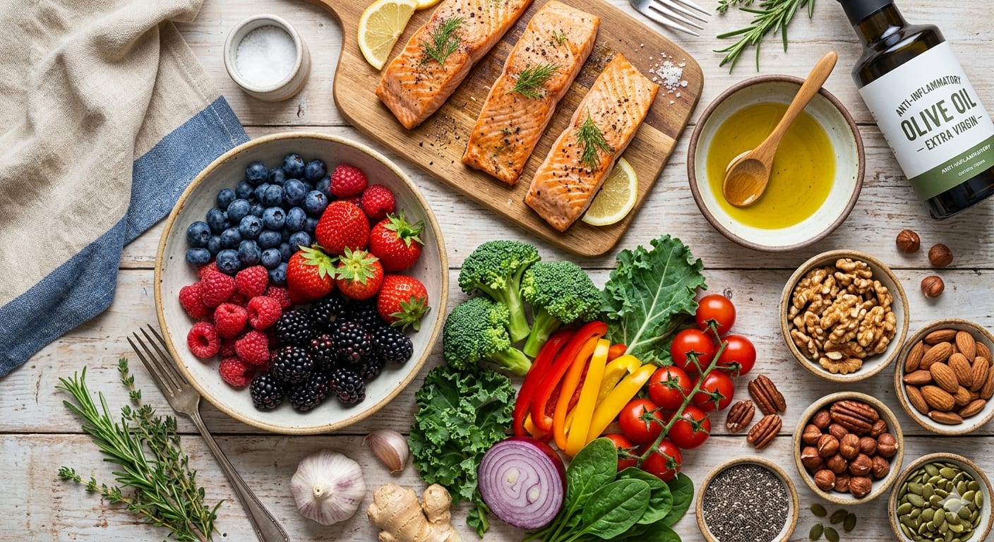 Flat lay of colorful anti-inflammatory foods including berries, fish, olive oil, nuts, and vegetables