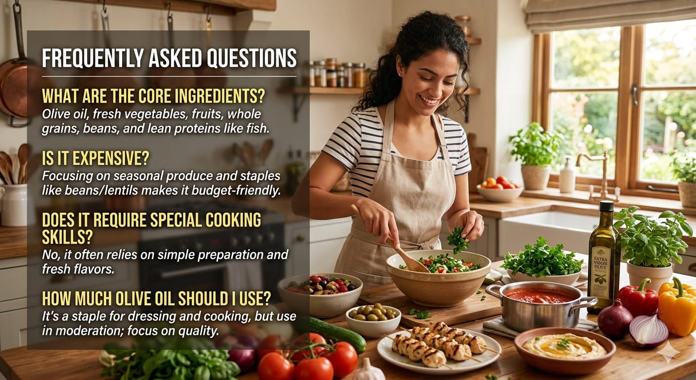 Person preparing Mediterranean meals with common questions overlay