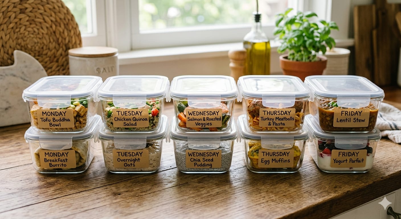 Organized meal prep containers labeled with days of the week