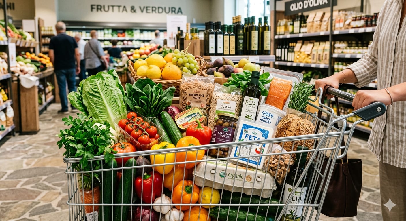 Shopping cart filled with colorful Mediterranean diet groceries
