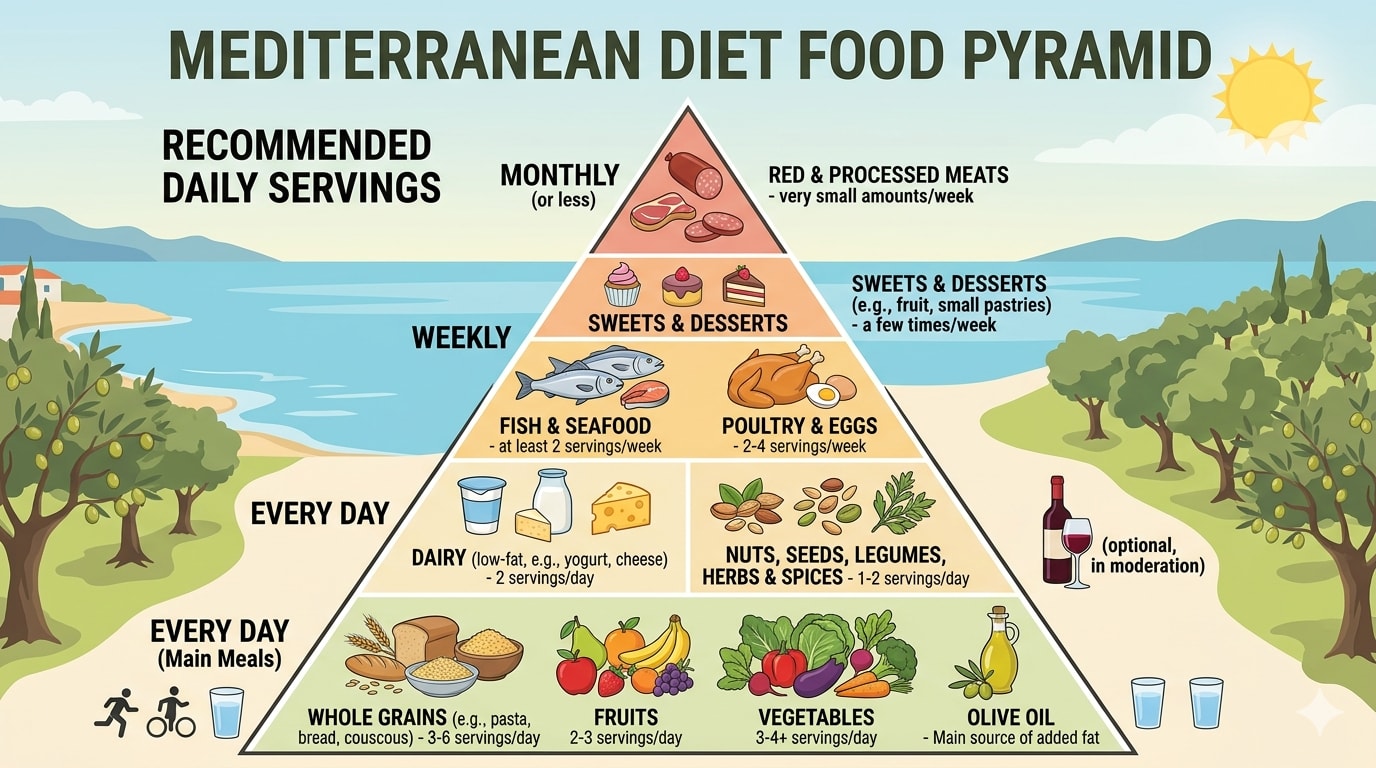 Mediterranean diet food pyramid showing recommended daily servings