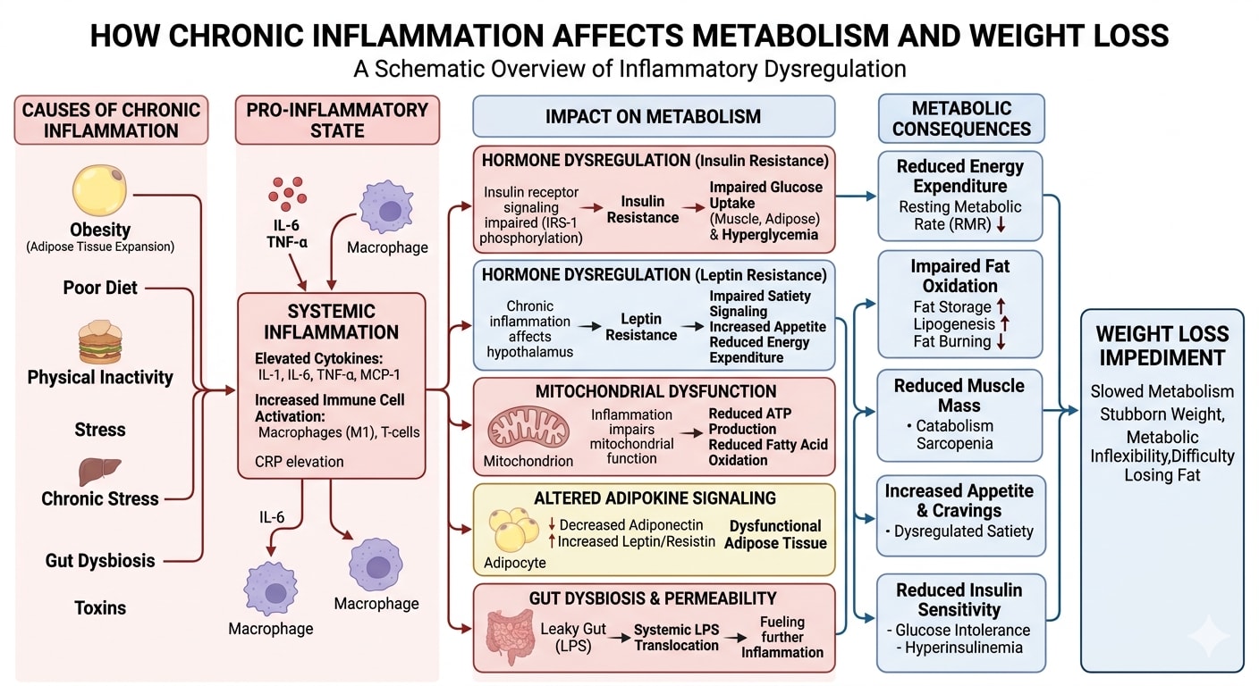 Scientific diagram showing how chronic inflammation affects metabolism and weight loss