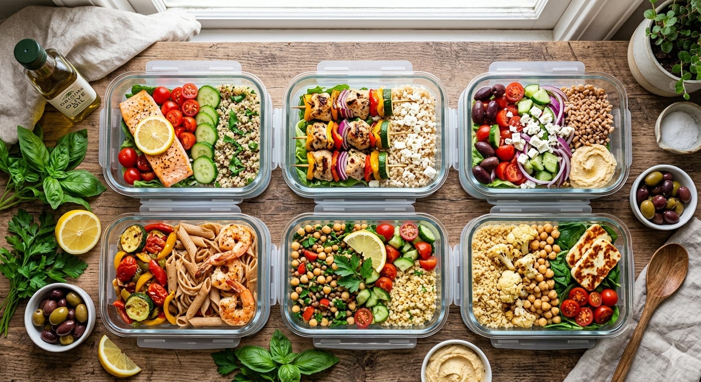 Colorful Mediterranean diet meal prep containers with fresh vegetables, olive oil, and whole grains