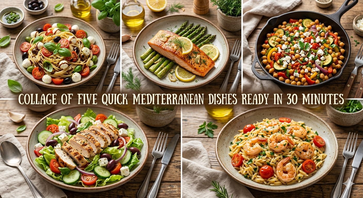 Collage of five quick Mediterranean dishes ready in 30 minutes