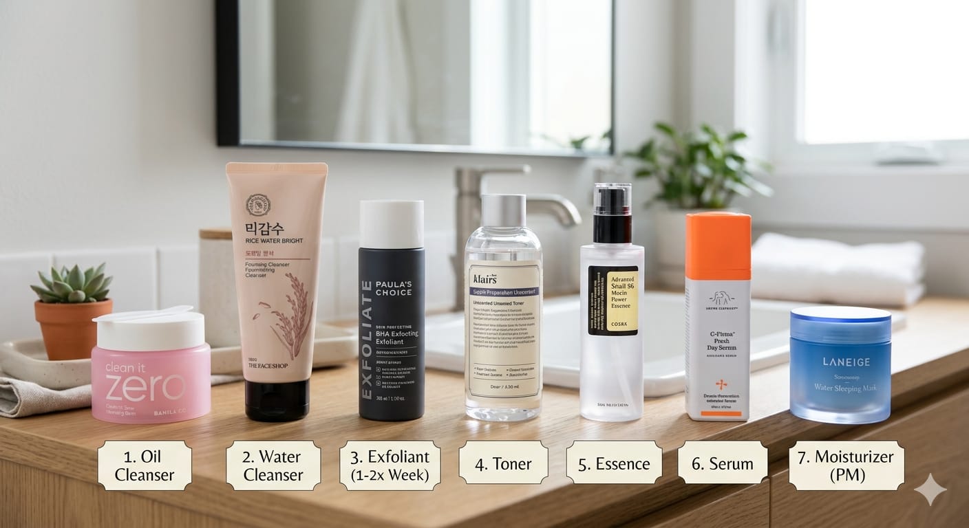 Seven Korean skincare products arranged in order of application