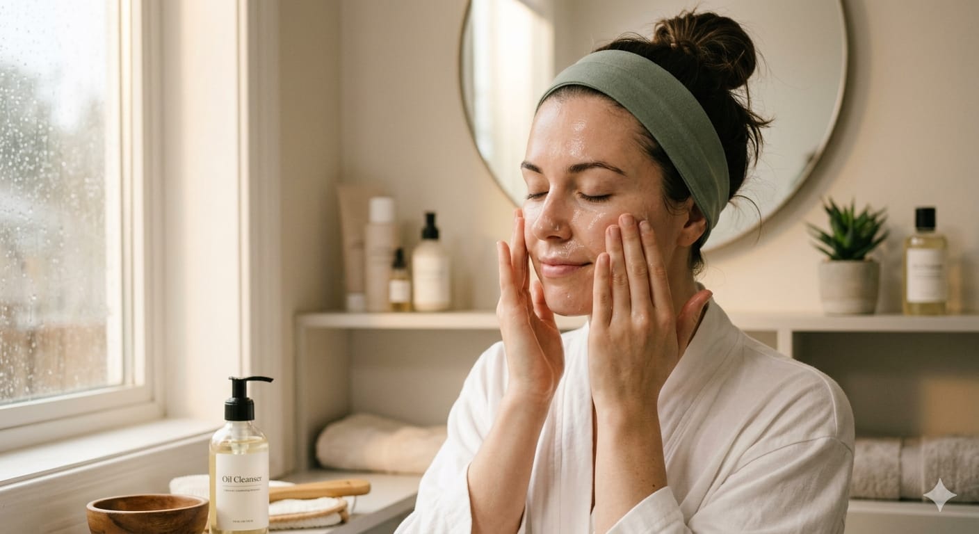 Woman massaging oil cleanser on face for double cleansing