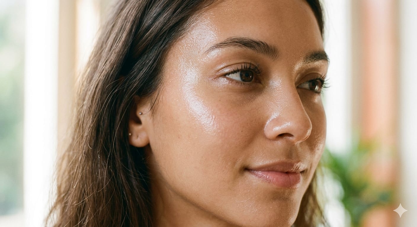 Close-up of flawless glass skin with dewy glow