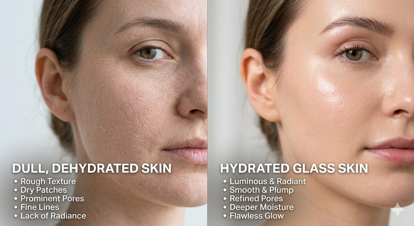 Comparison of dull dehydrated skin vs hydrated glass skin