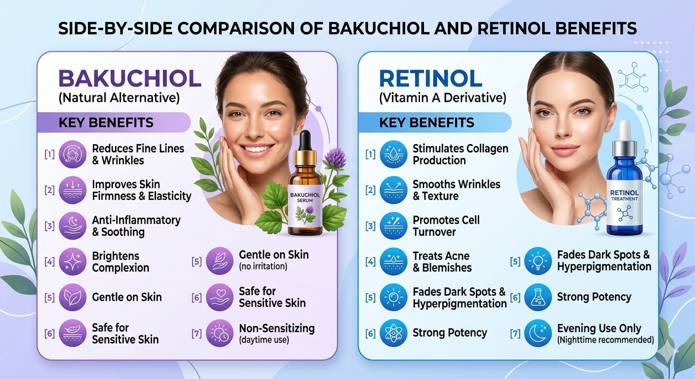 Side-by-side comparison of bakuchiol and retinol benefits
