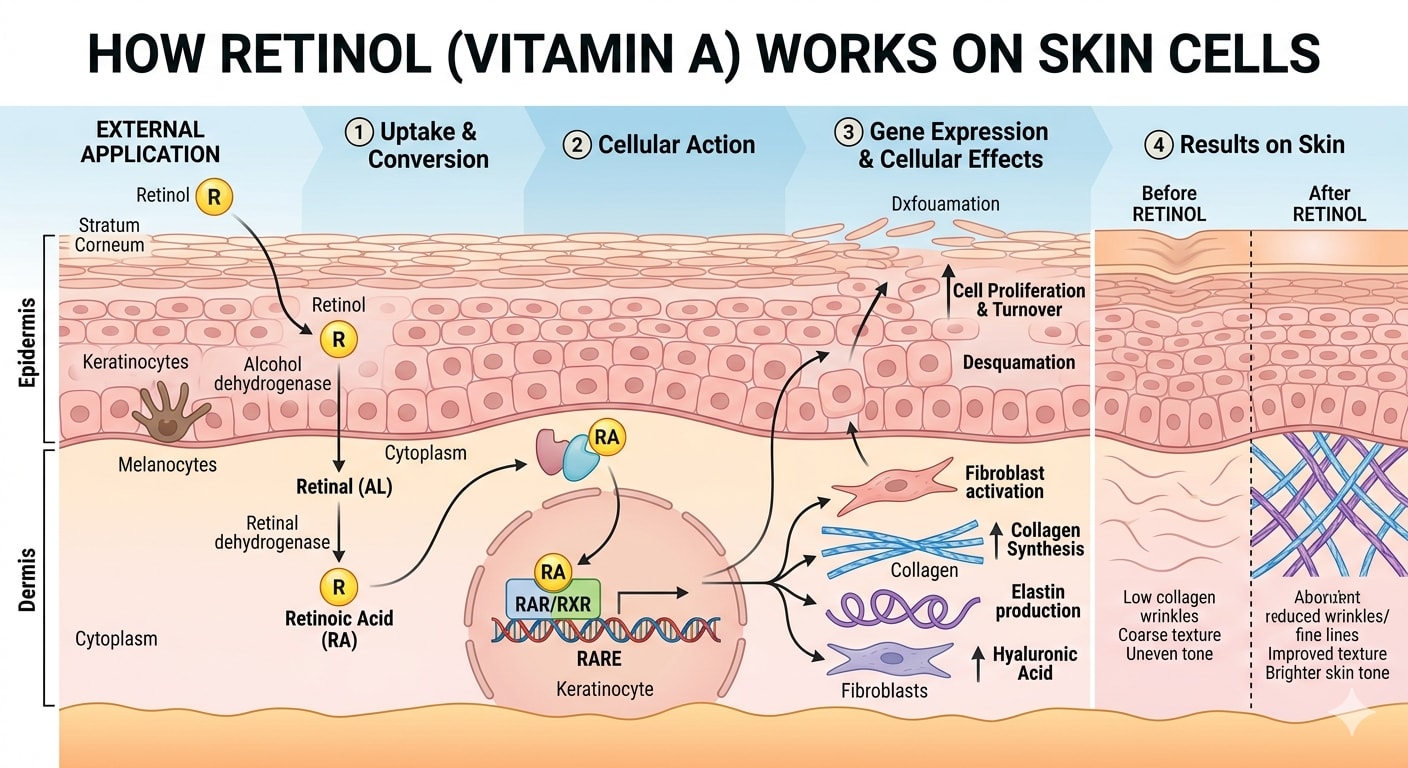Diagram showing how retinol works on skin cells