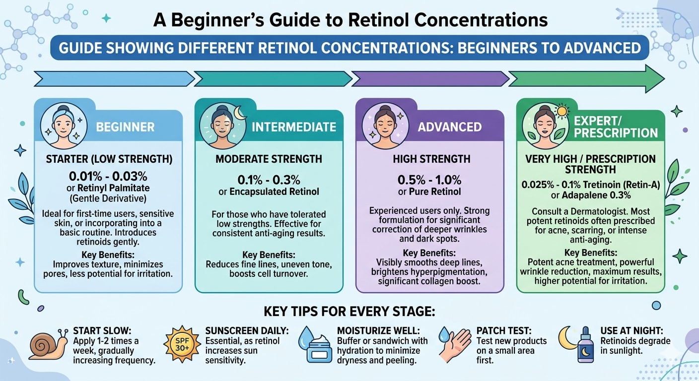 Guide showing different retinol concentrations for beginners to advanced
