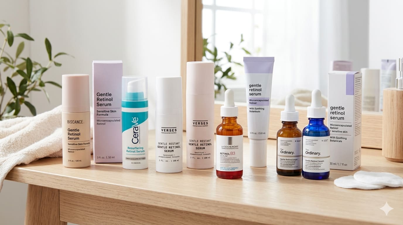 Collection of gentle retinol serums for sensitive skin