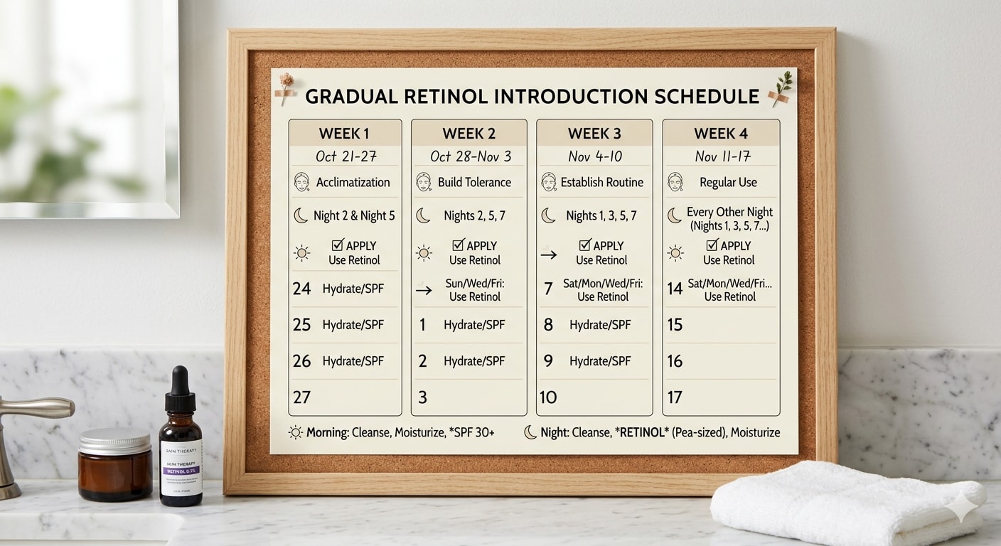 Calendar showing 4-week gradual retinol introduction schedule