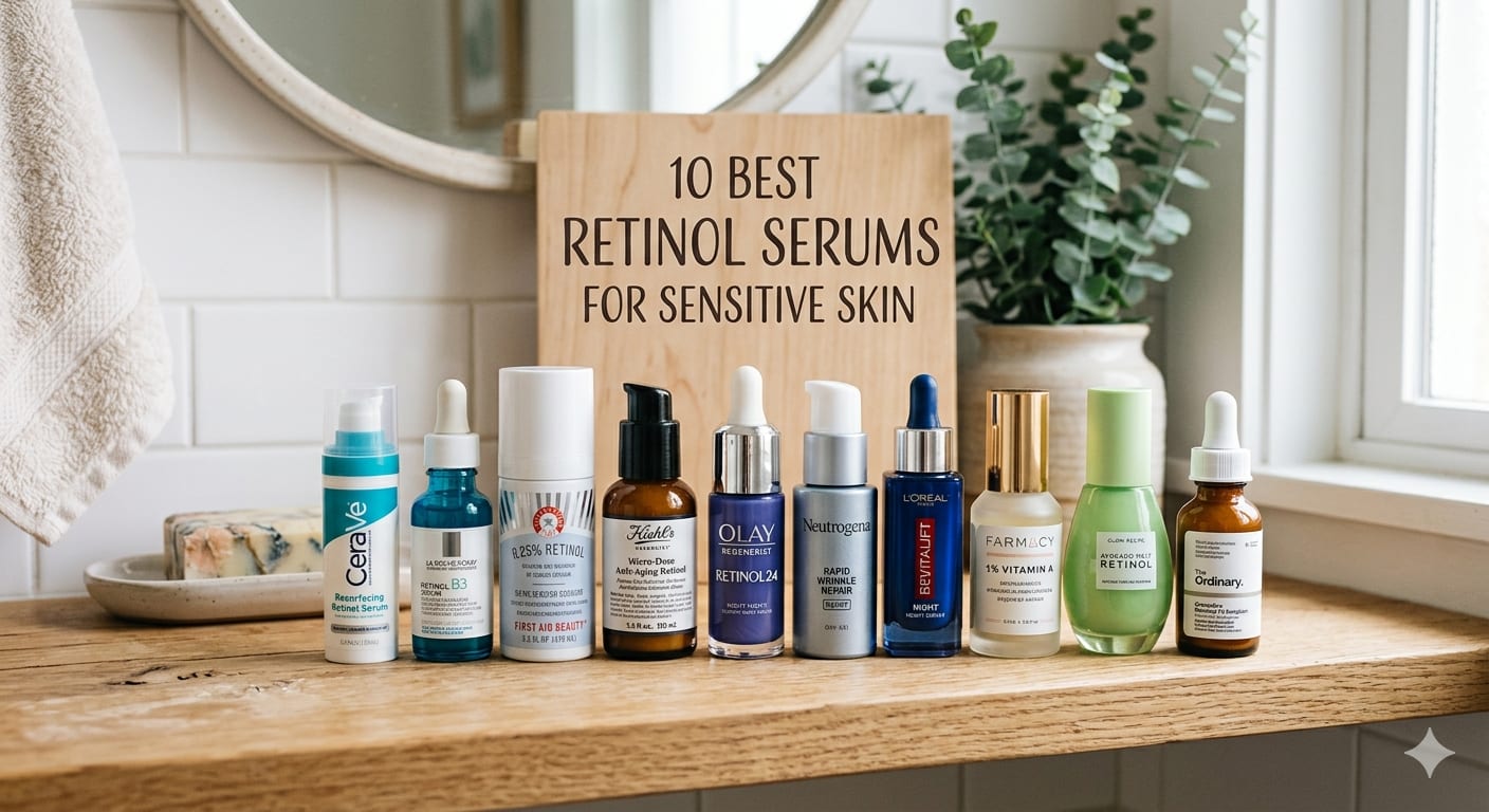 10 best retinol serums for sensitive skin arranged together
