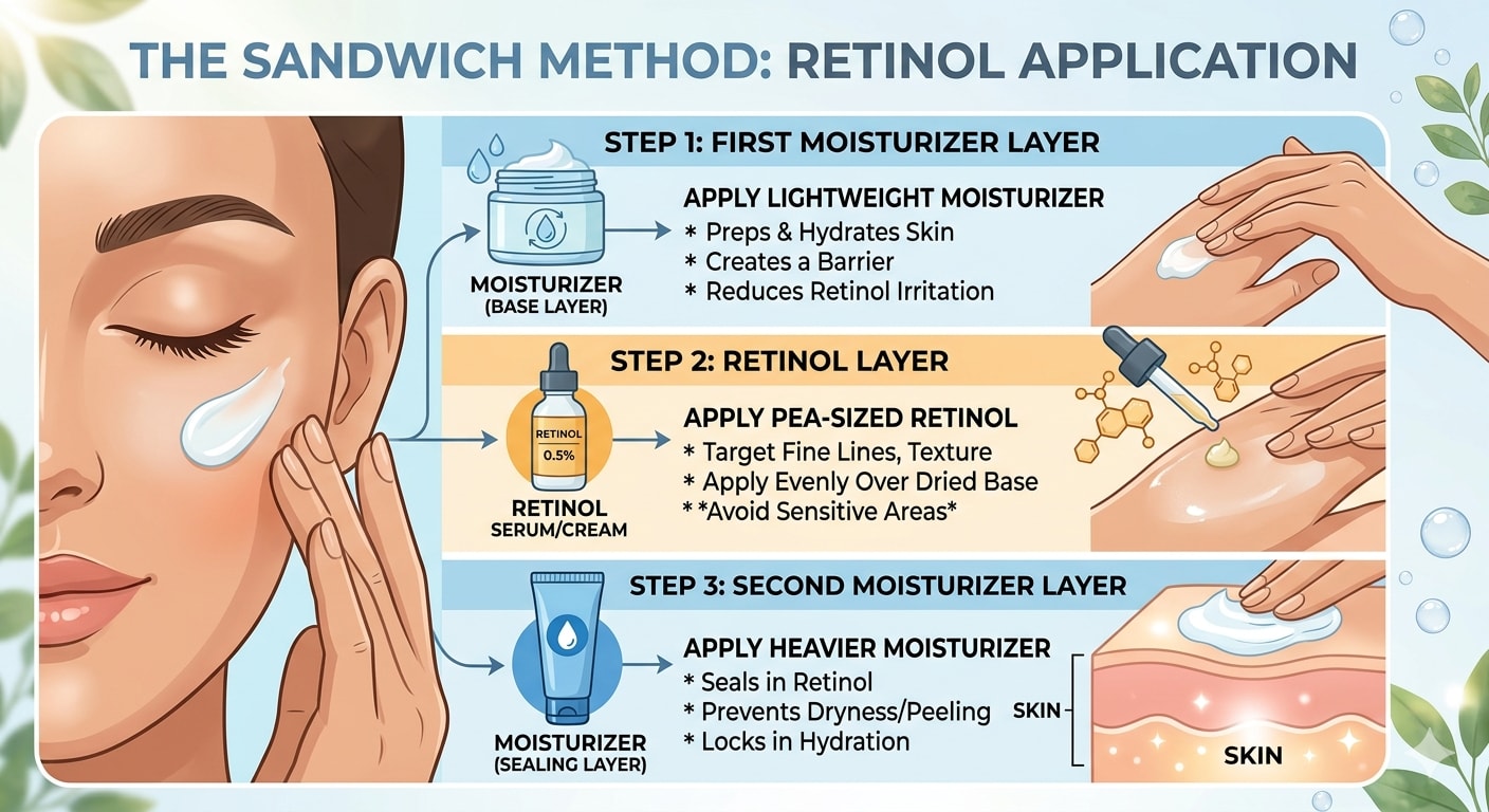 Diagram showing sandwich method: moisturizer, retinol, moisturizer layers