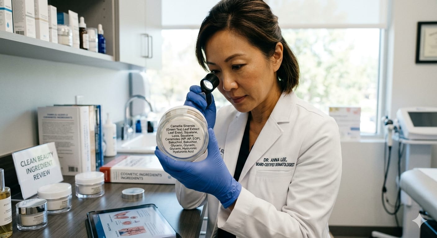 Board-certified dermatologist examining clean beauty product ingredients