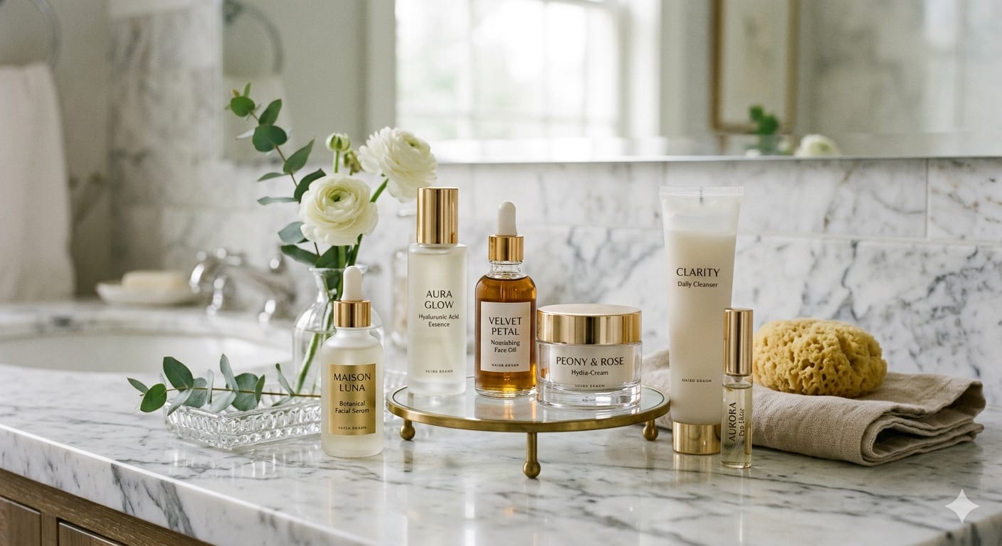 Luxury high-end clean beauty products arranged elegantly