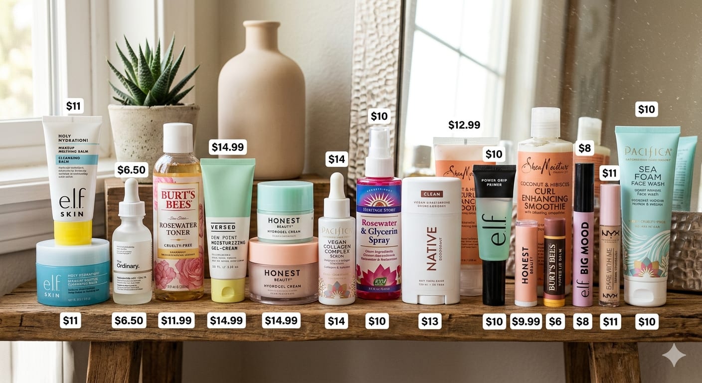 Collection of affordable drugstore clean beauty products under $15