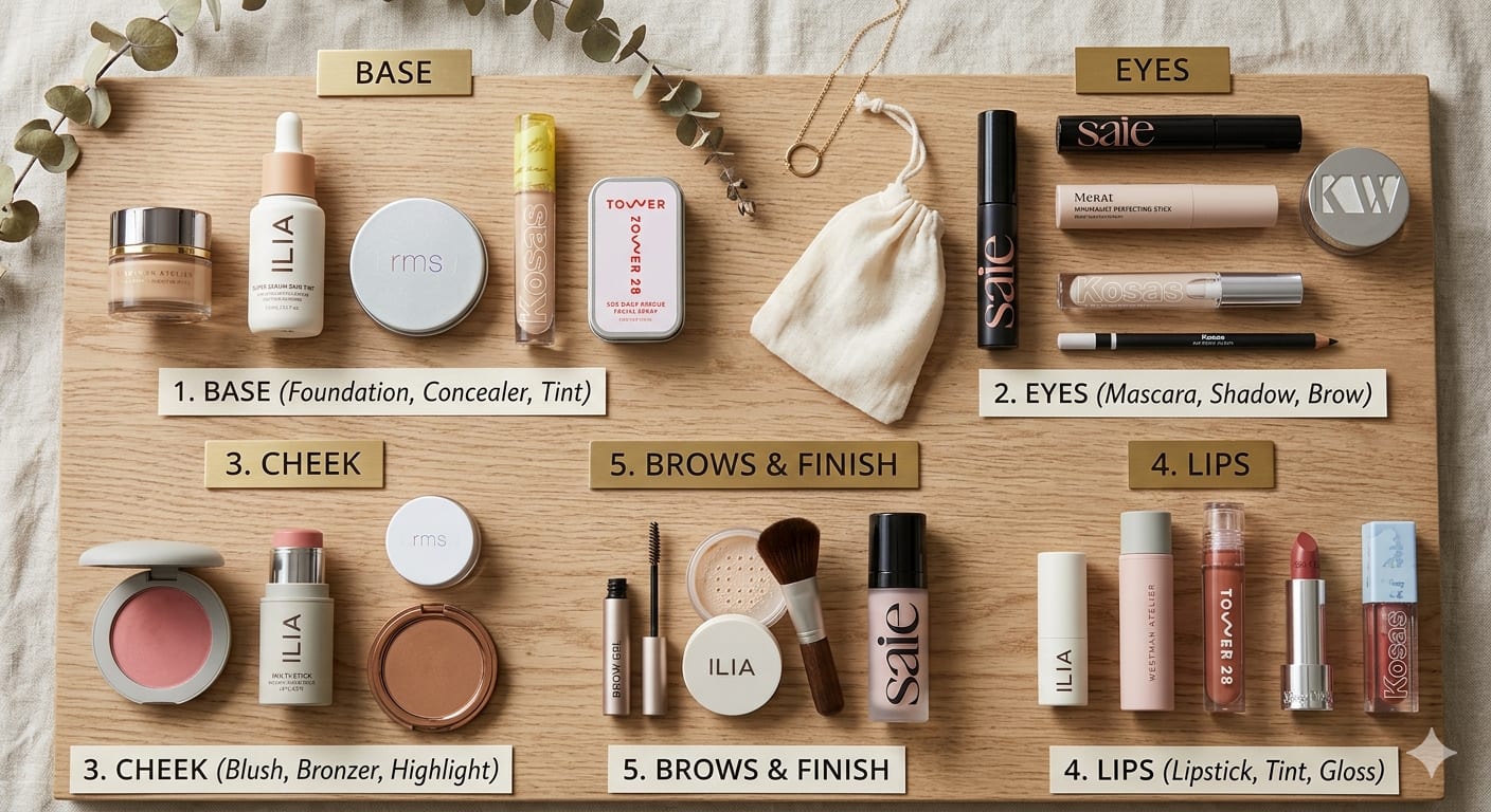 Flat lay of best clean beauty makeup products by category