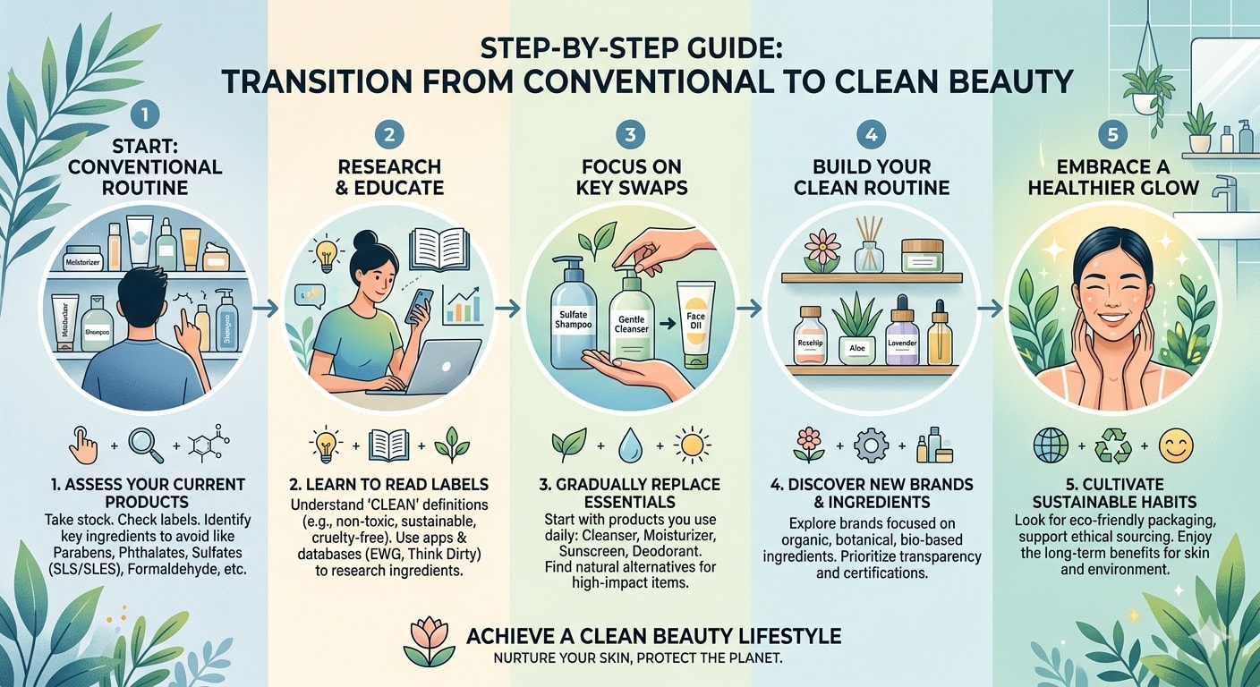 Step-by-step guide showing transition from conventional to clean beauty