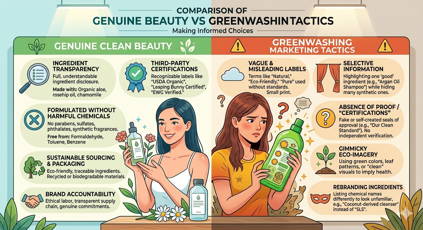 Comparison of genuine clean beauty vs greenwashing marketing tactics