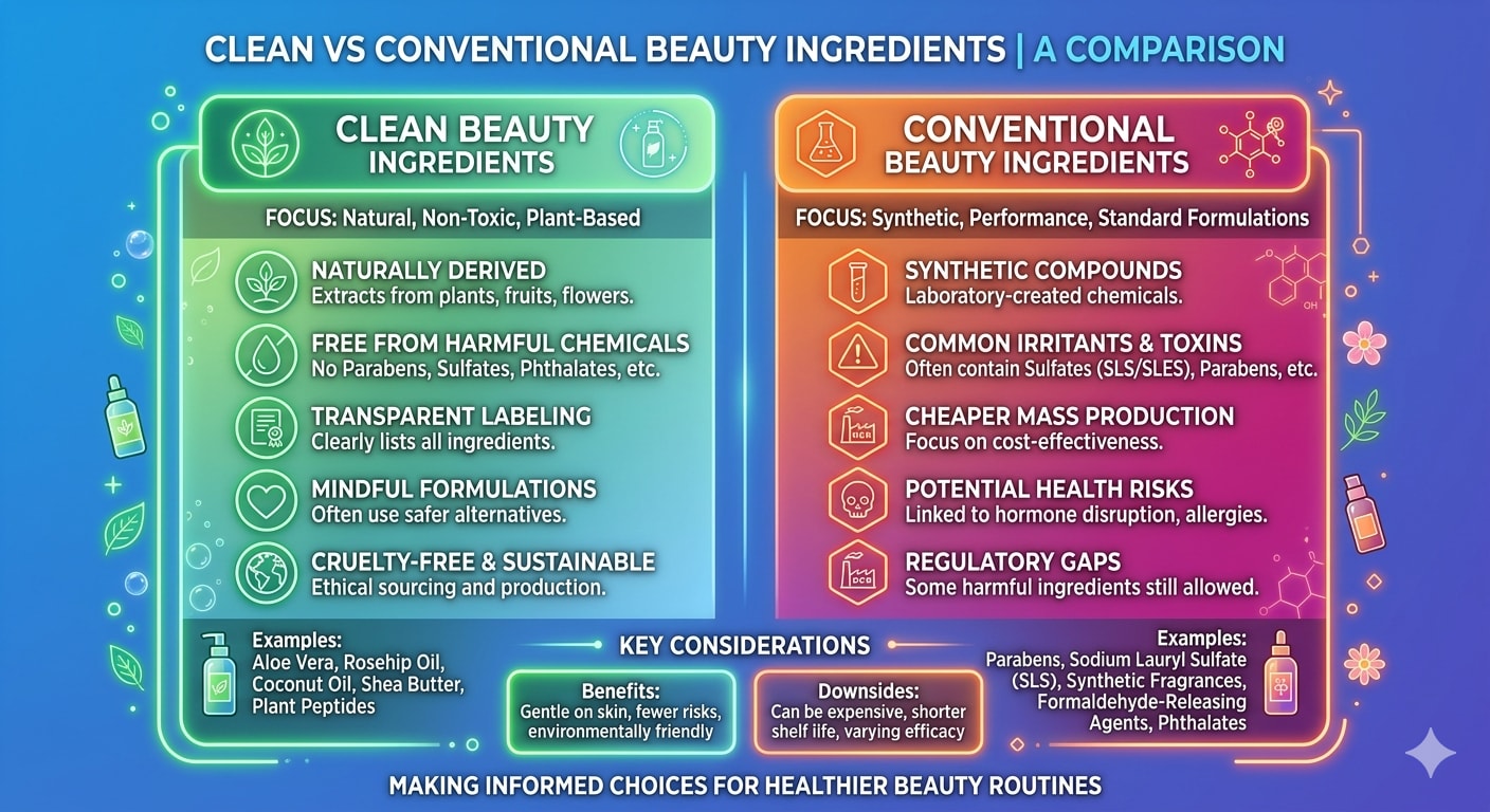 Infographic comparing clean vs conventional beauty ingredients