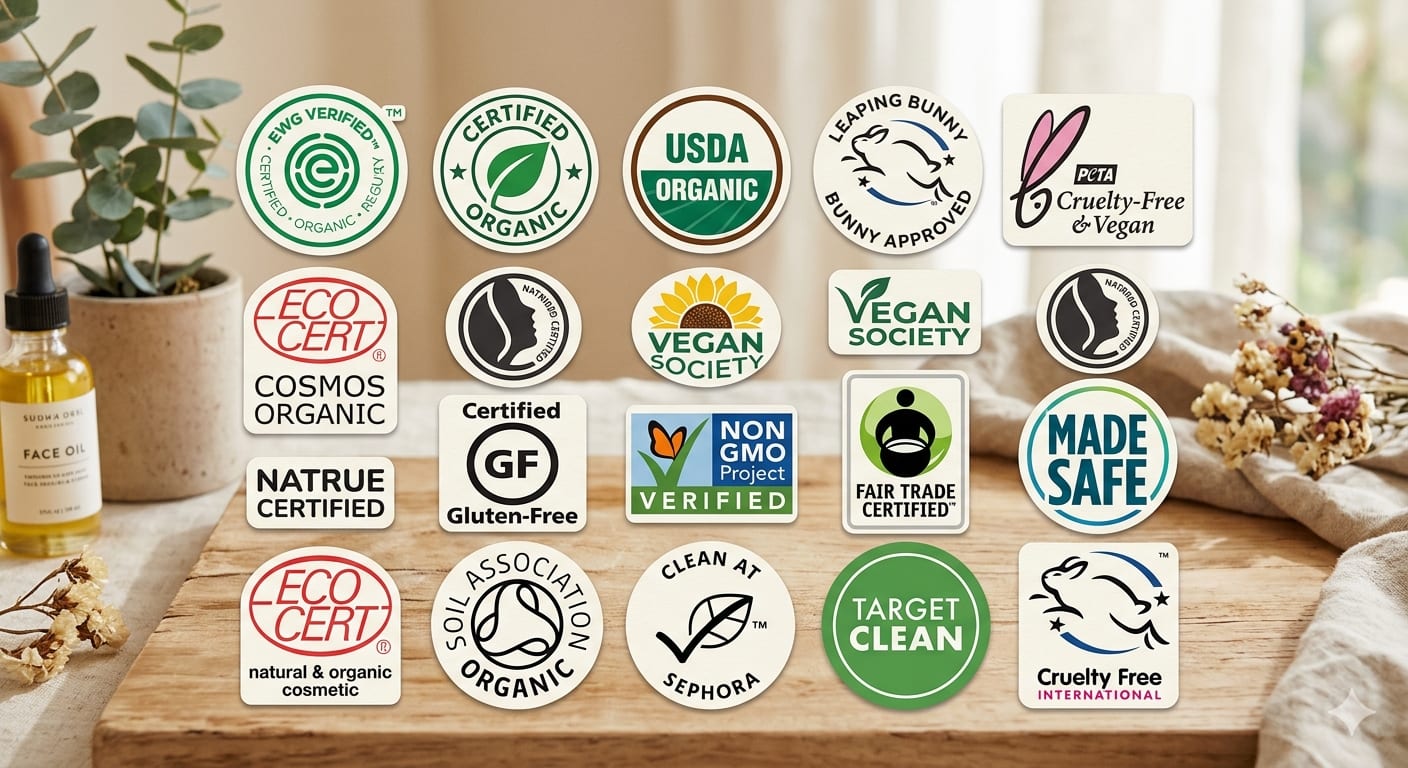 Collection of clean beauty certification logos and seals
