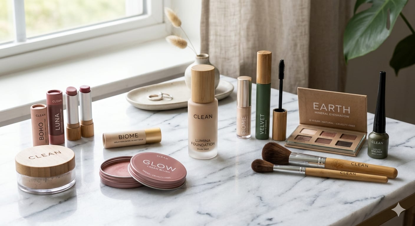 Array of clean beauty makeup products on marble surface