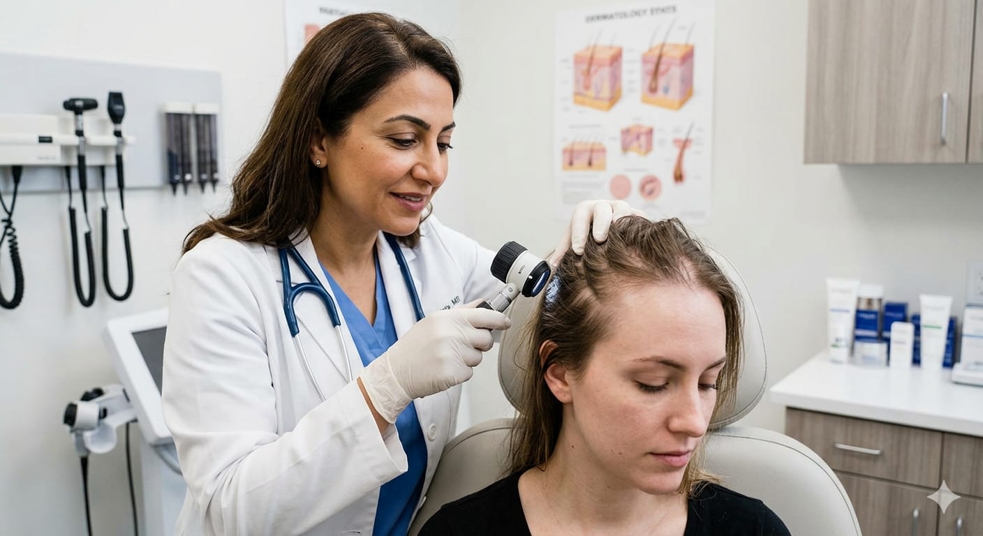 Dermatologist examining patient scalp for hair loss diagnosis
