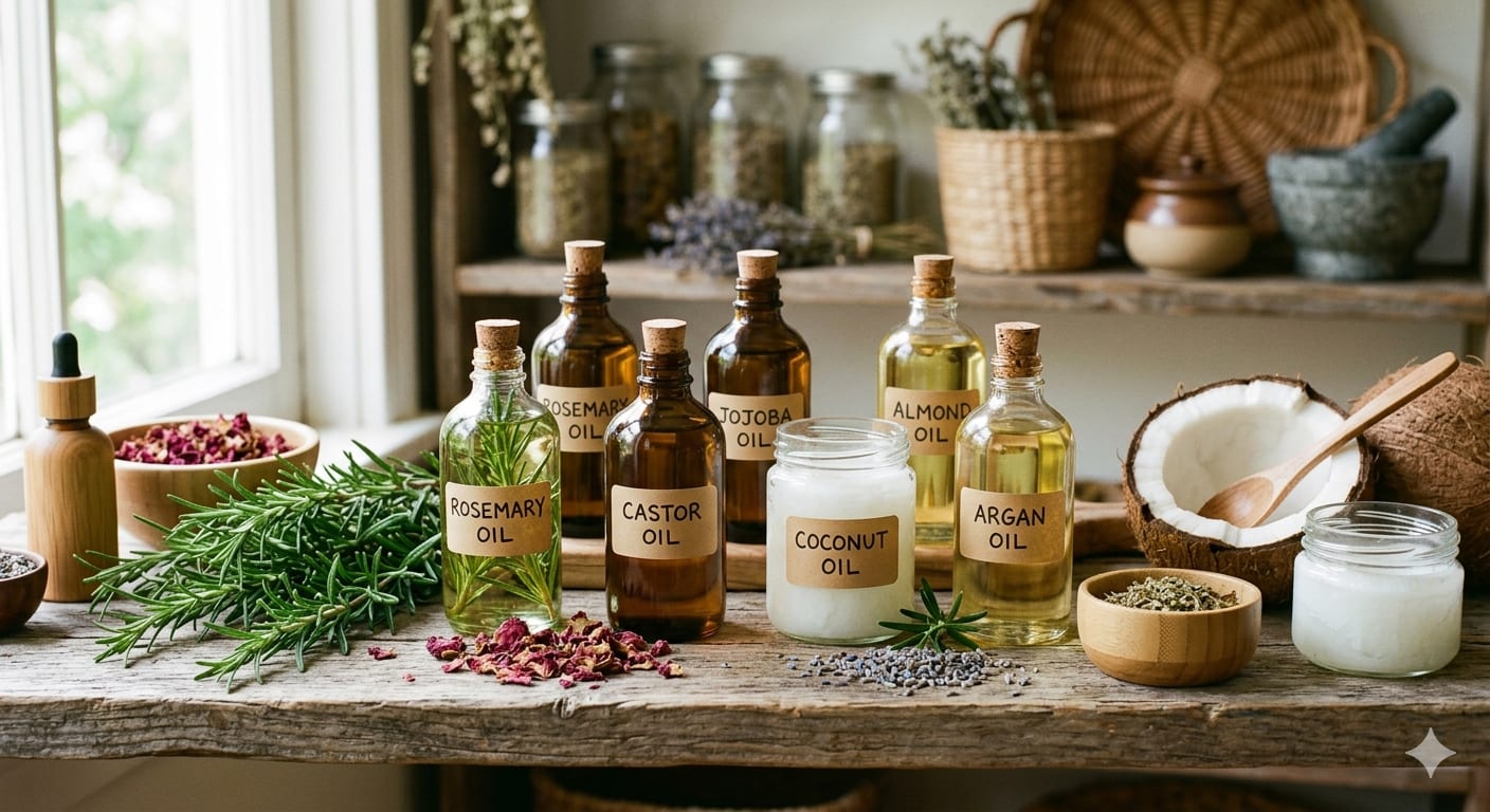 Natural oils and remedies for hair growth like rosemary, castor, coconut oil