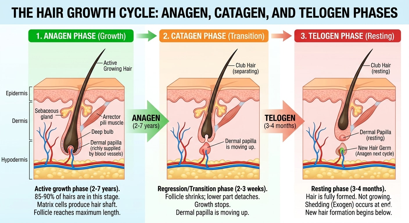 Diagram showing anagen, catagen, and telogen phases of hair growth