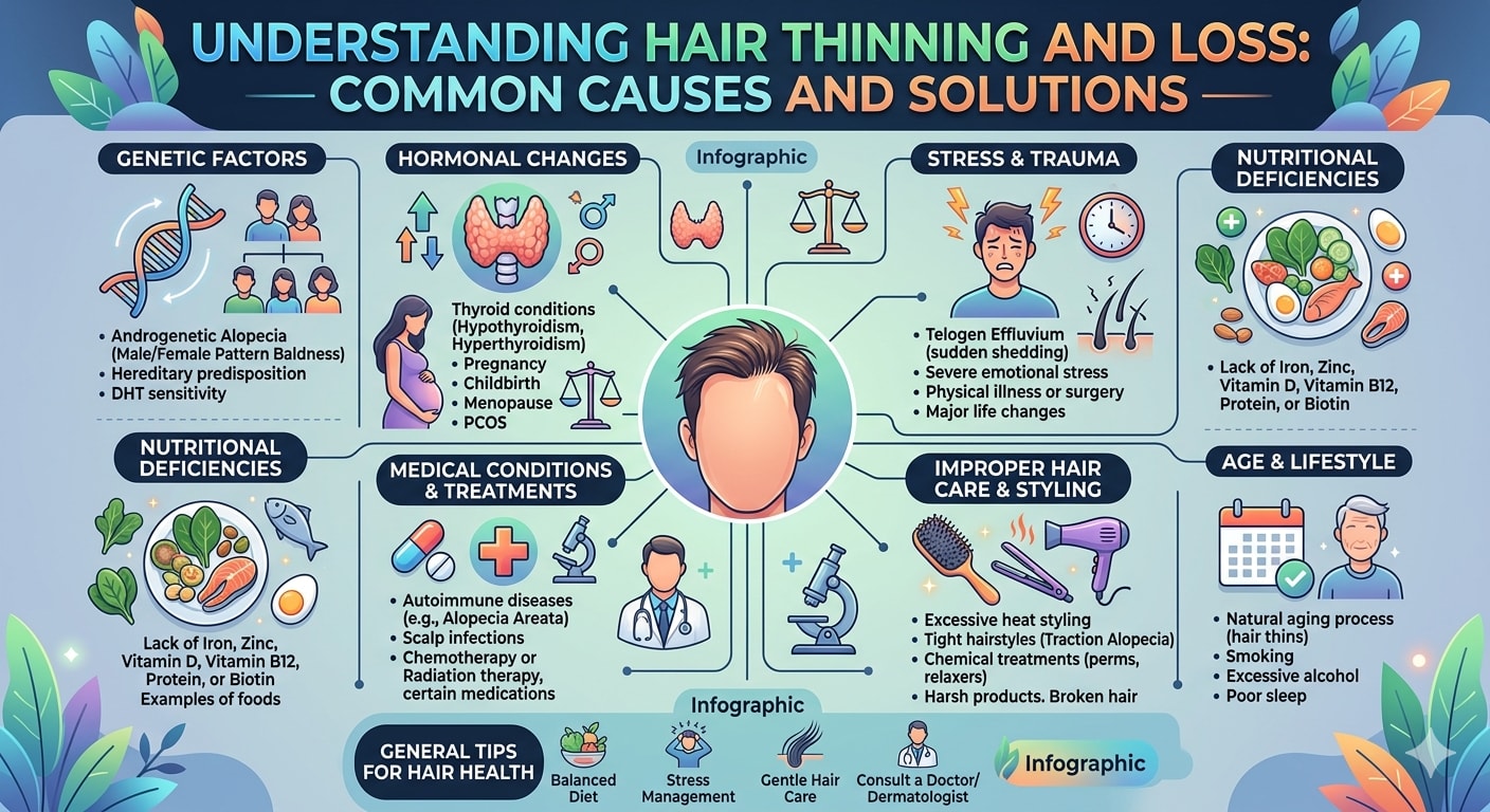 Infographic showing different causes of hair thinning and loss
