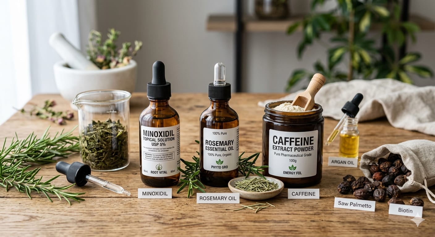 Collection of proven hair growth ingredients like minoxidil, rosemary oil, caffeine