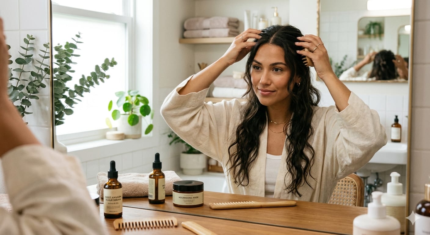 Woman performing scalp care routine with treatments and massage