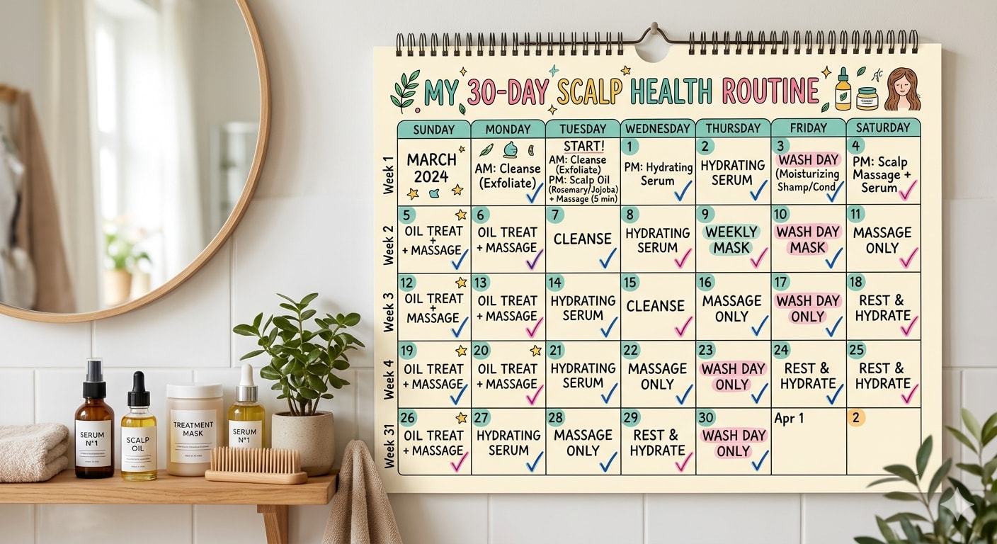 Calendar showing daily 30-day scalp treatment routine schedule
