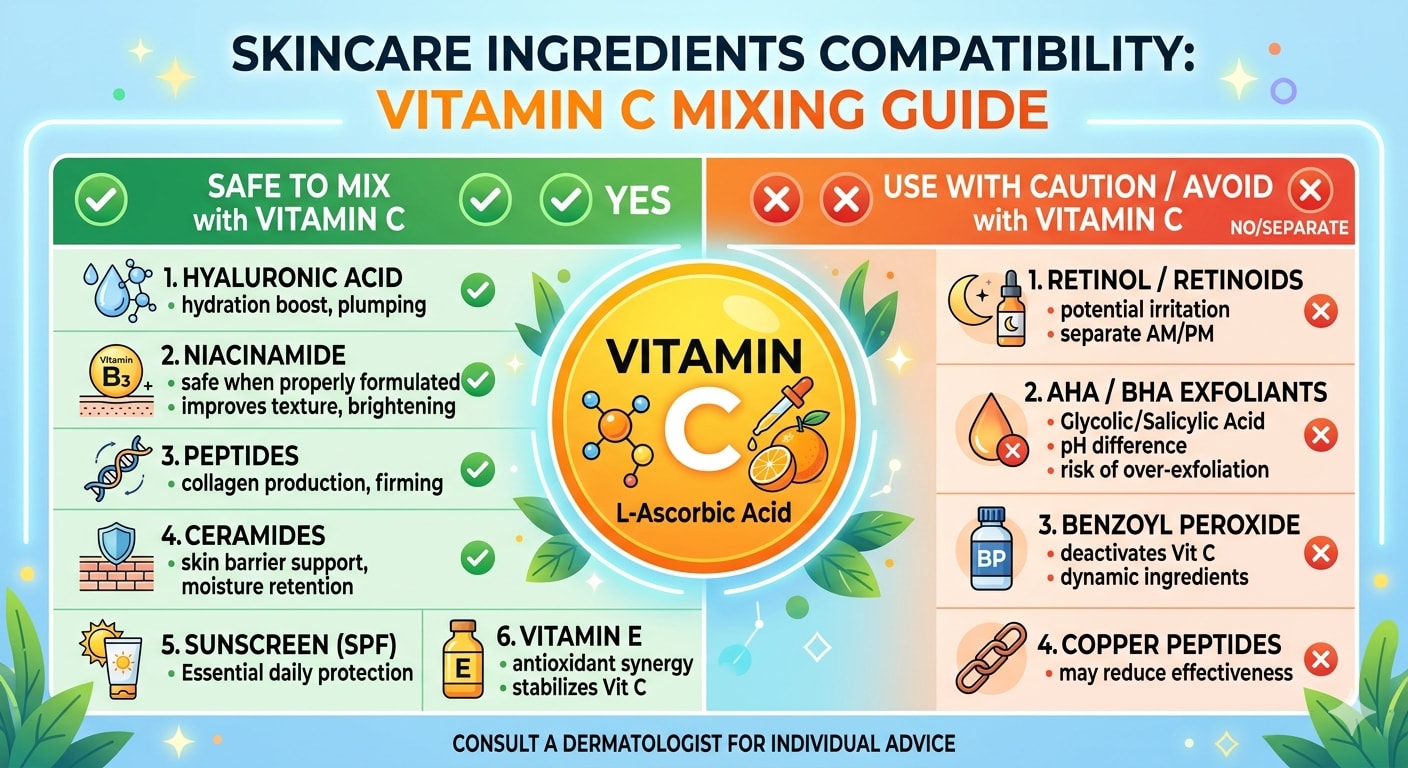 Chart showing which skincare ingredients can be mixed with vitamin C