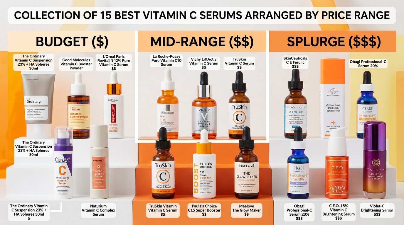 Collection of 15 best vitamin C serums arranged by price range