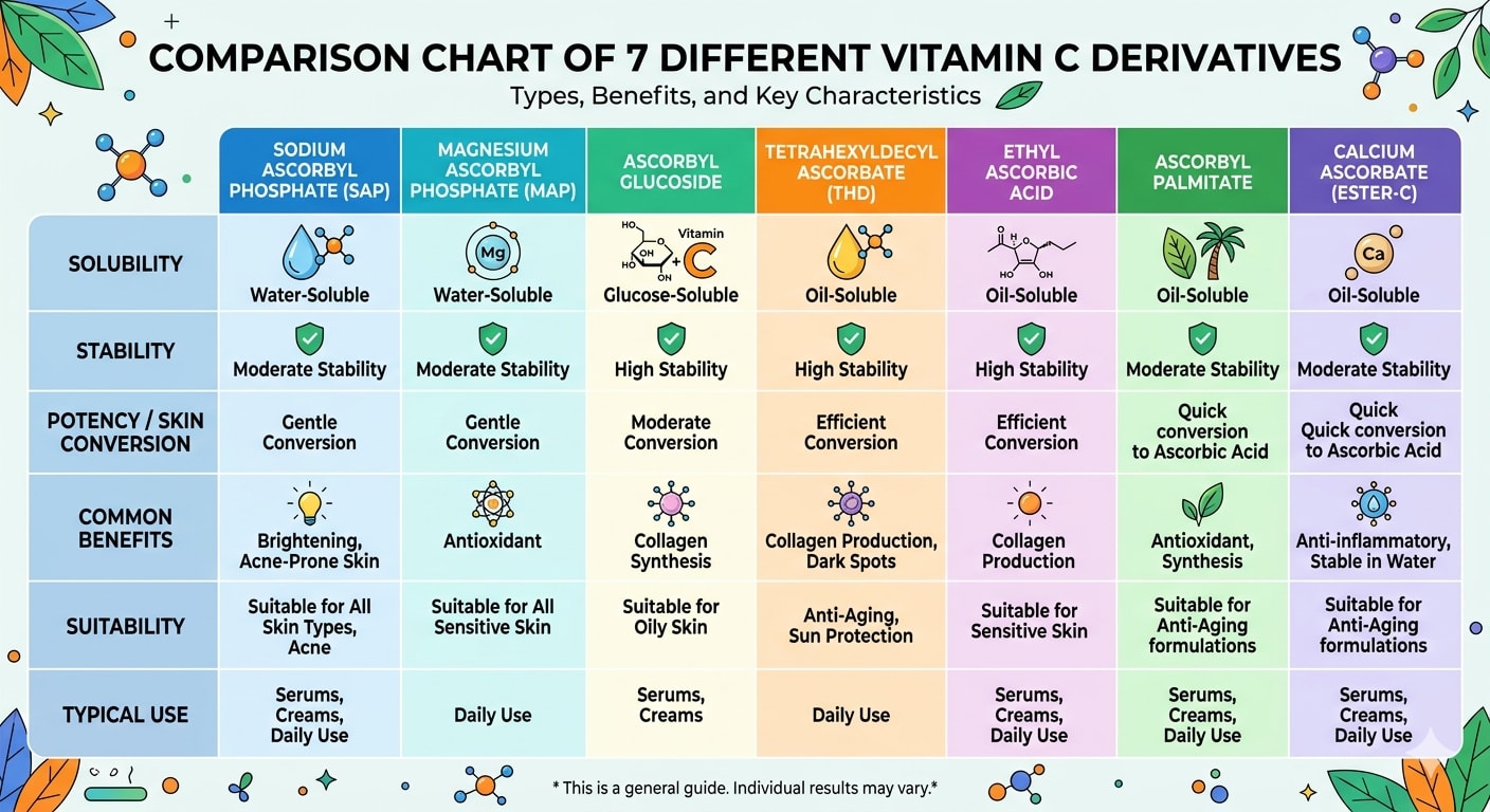 Comparison chart of 7 different vitamin C derivative types