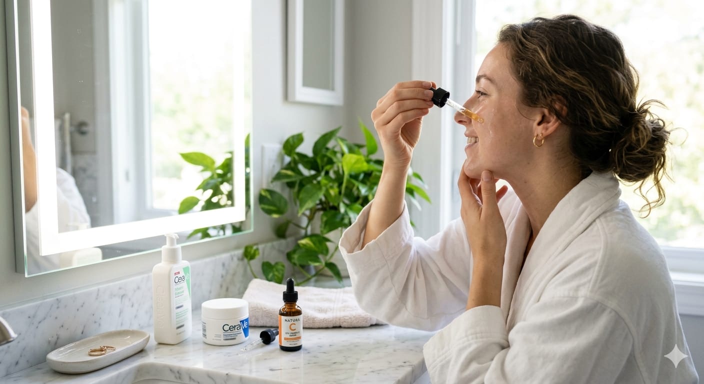 Woman applying vitamin C serum as part of morning skincare routine