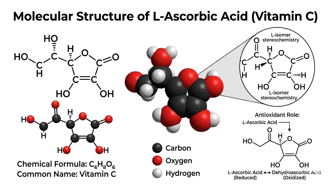 Molecular structure diagram of L-ascorbic acid vitamin C