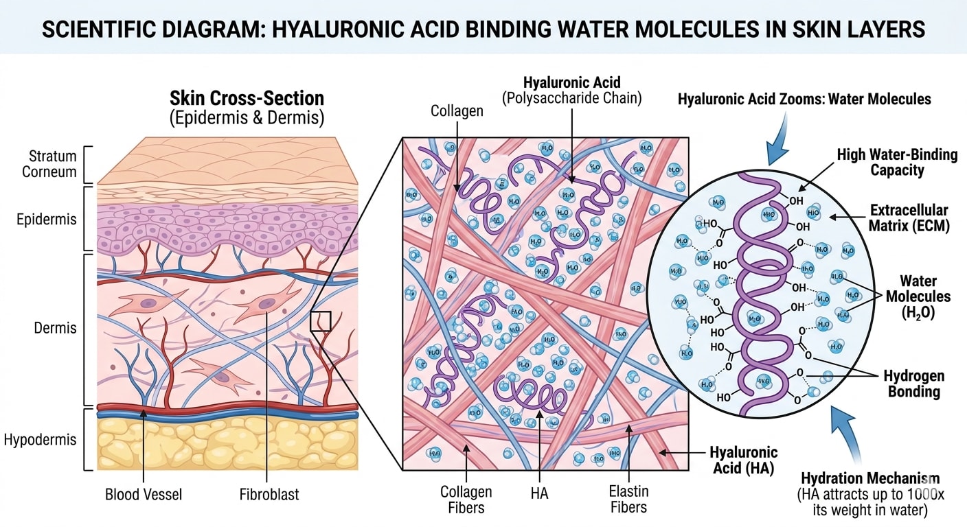 Scientific diagram showing hyaluronic acid binding water molecules in skin layers
