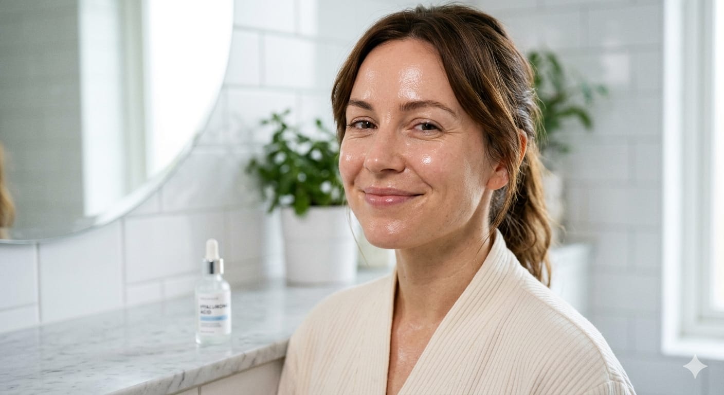 Woman with plump hydrated glowing skin after using hyaluronic acid