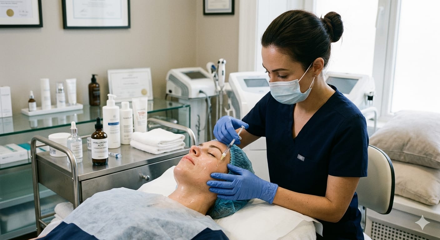 Dermatologist applying hyaluronic acid for skin hydration treatment